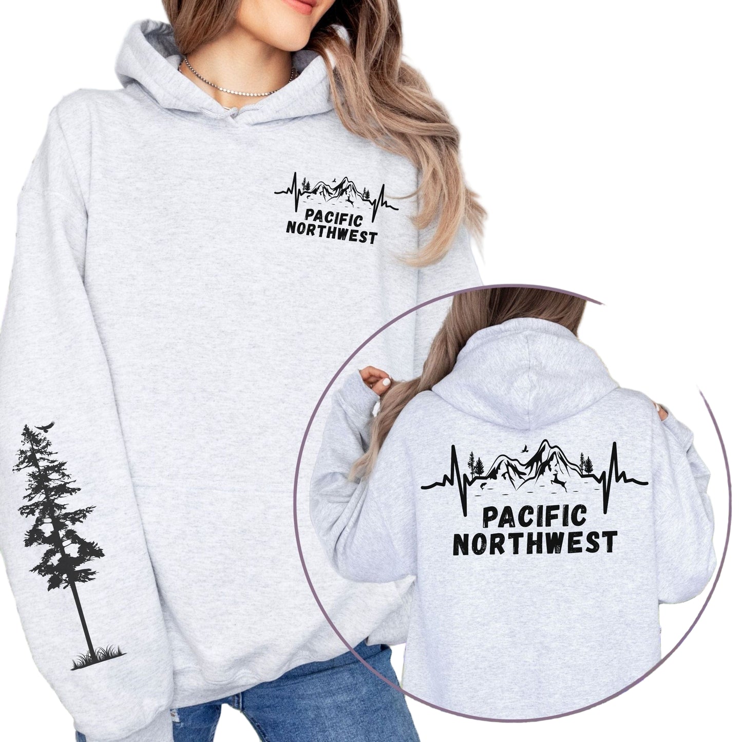 Pacific Northwest Mountain Heartbeat Hoodie with Sleeve Design