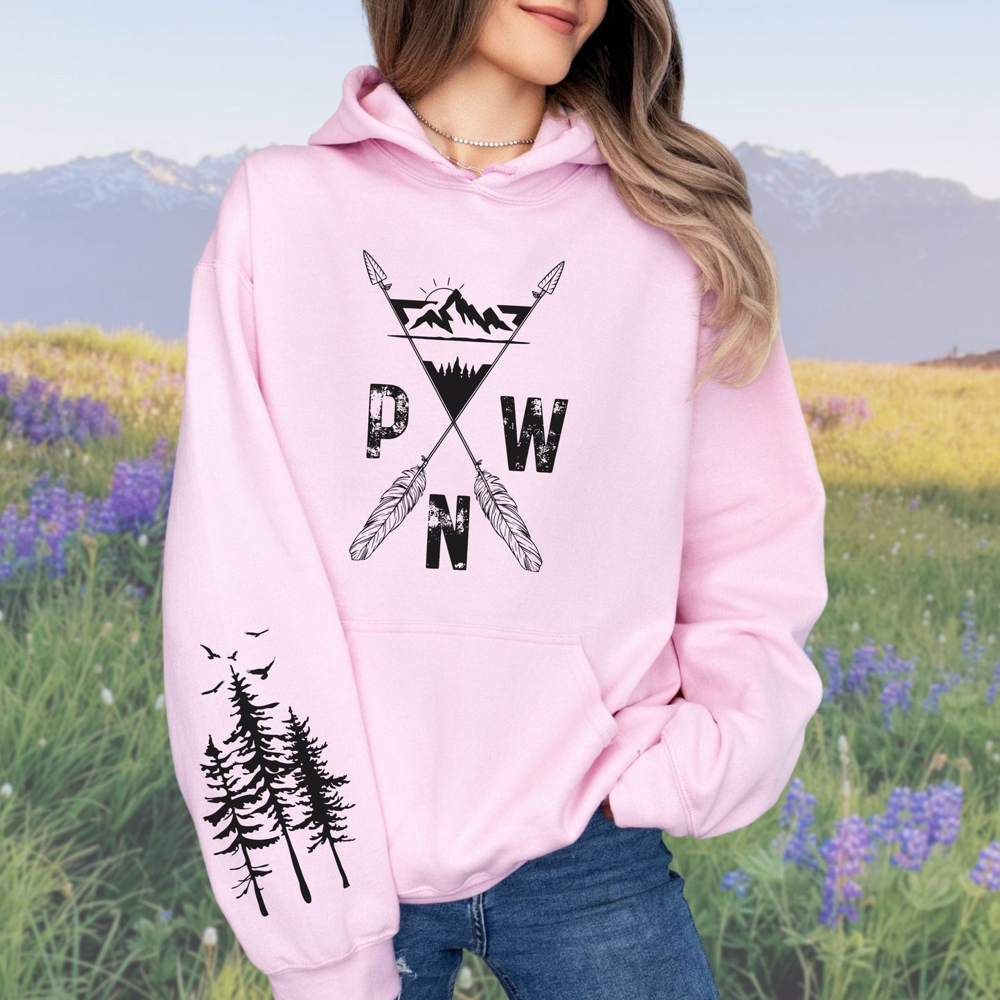 PNW Arrows and Mountains Softstyle Hoodie with Pine Trees Sleeve Design
