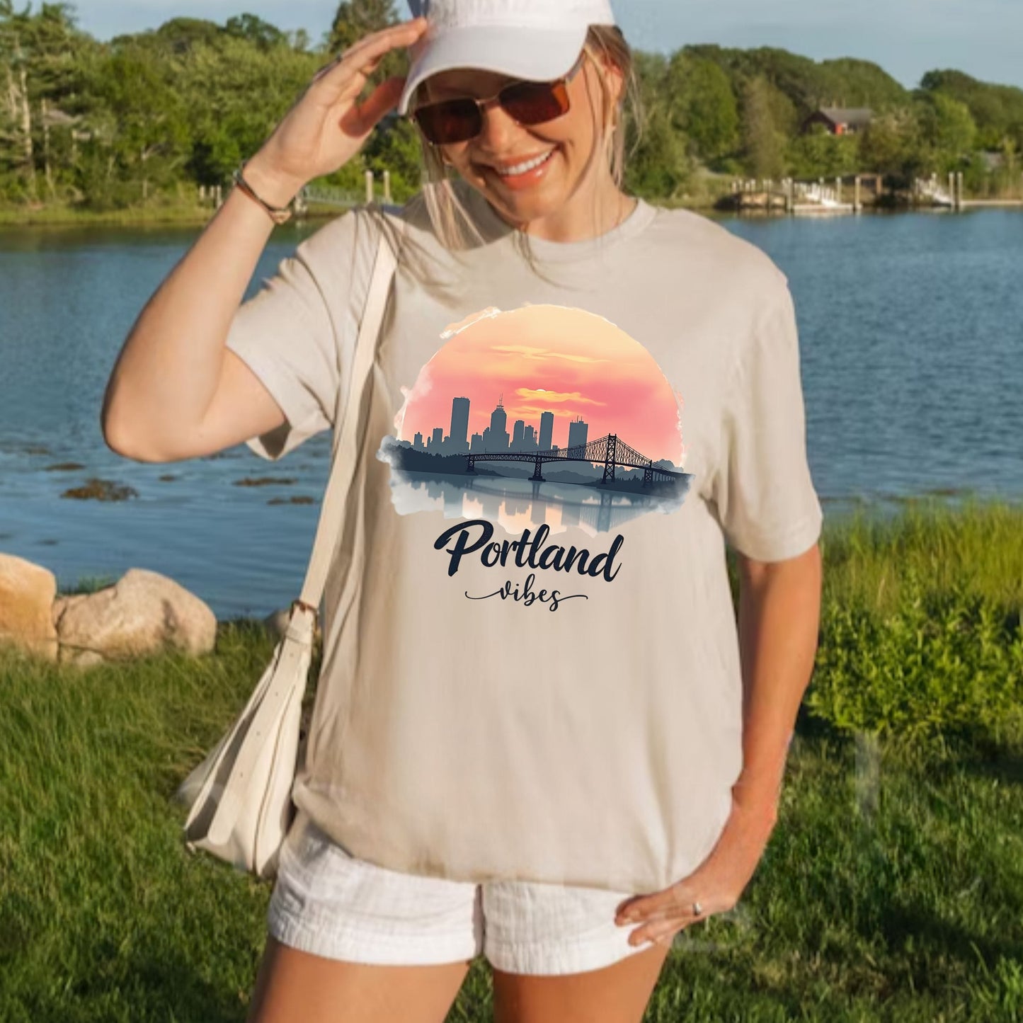 A woman wearing a beige graphic t-shirt with a Portland, Oregon sunset city skyline print, standing outdoors near a lake with trees in the background.