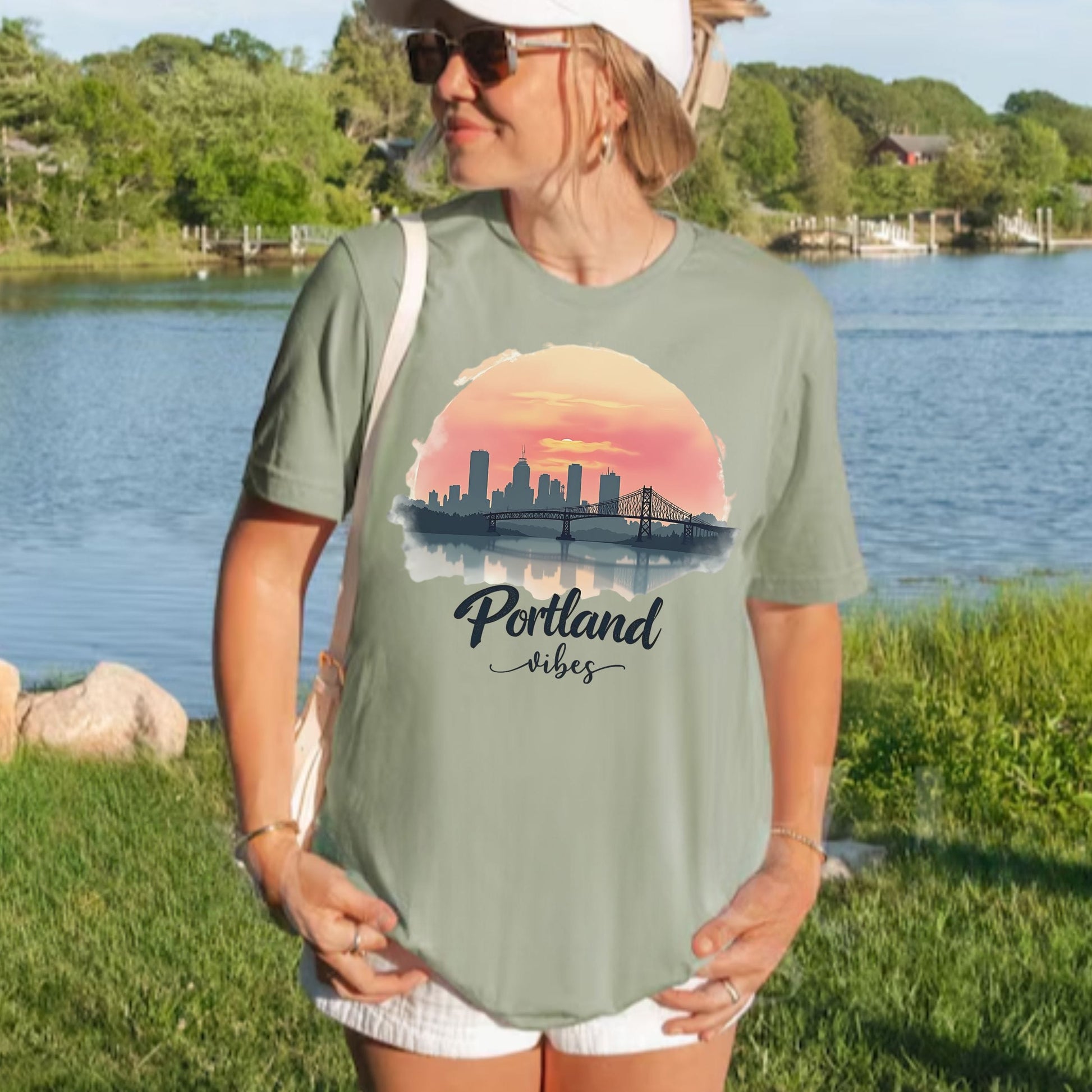 A woman wearing a sage green t-shirt with a Portland, Oregon city skyline sunset graphic and the text 'Portland Vibes'. She is standing outdoors on a grassy bank next to a lake with trees in the background.