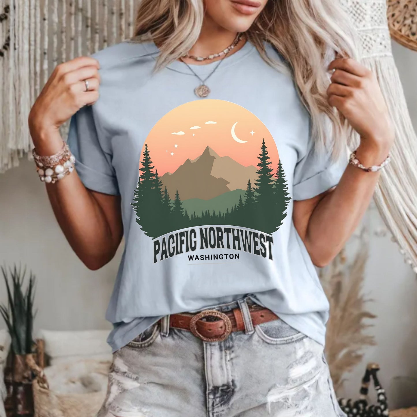 Retro PNW Mountain Sunset Graphic Tee | Soft Hiking Shirt