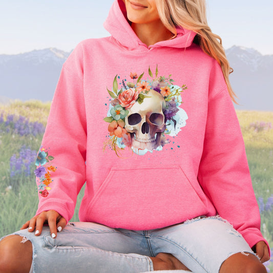 Floral Skull with Sleeve Design, Softstyle Hoodie