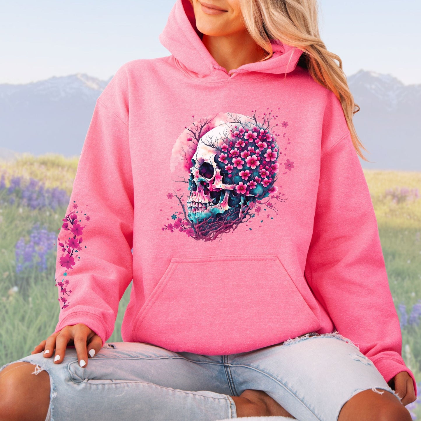 Cherry Blossom Skull with Sleeve Design, Softstyle Hoodie