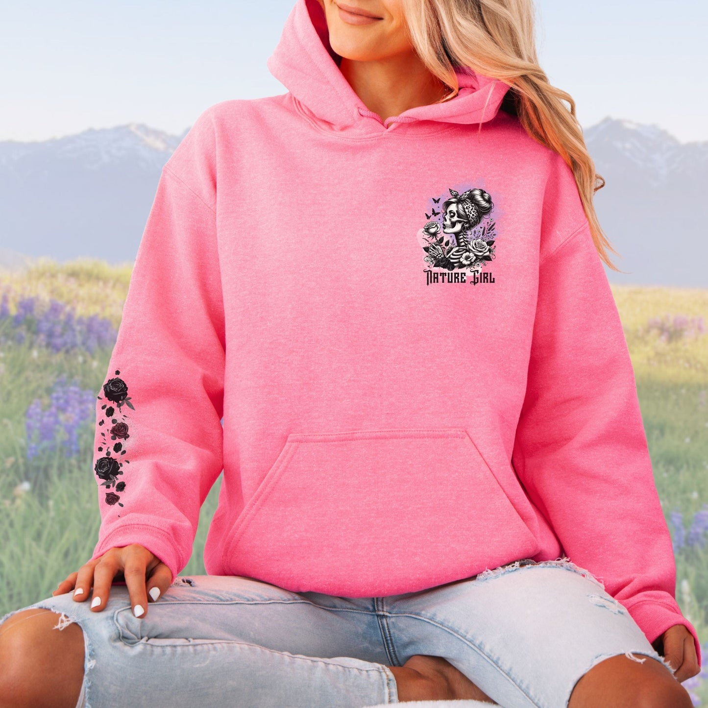 Skeleton Nature Girl with Sleeve Design, Softstyle Hoodie