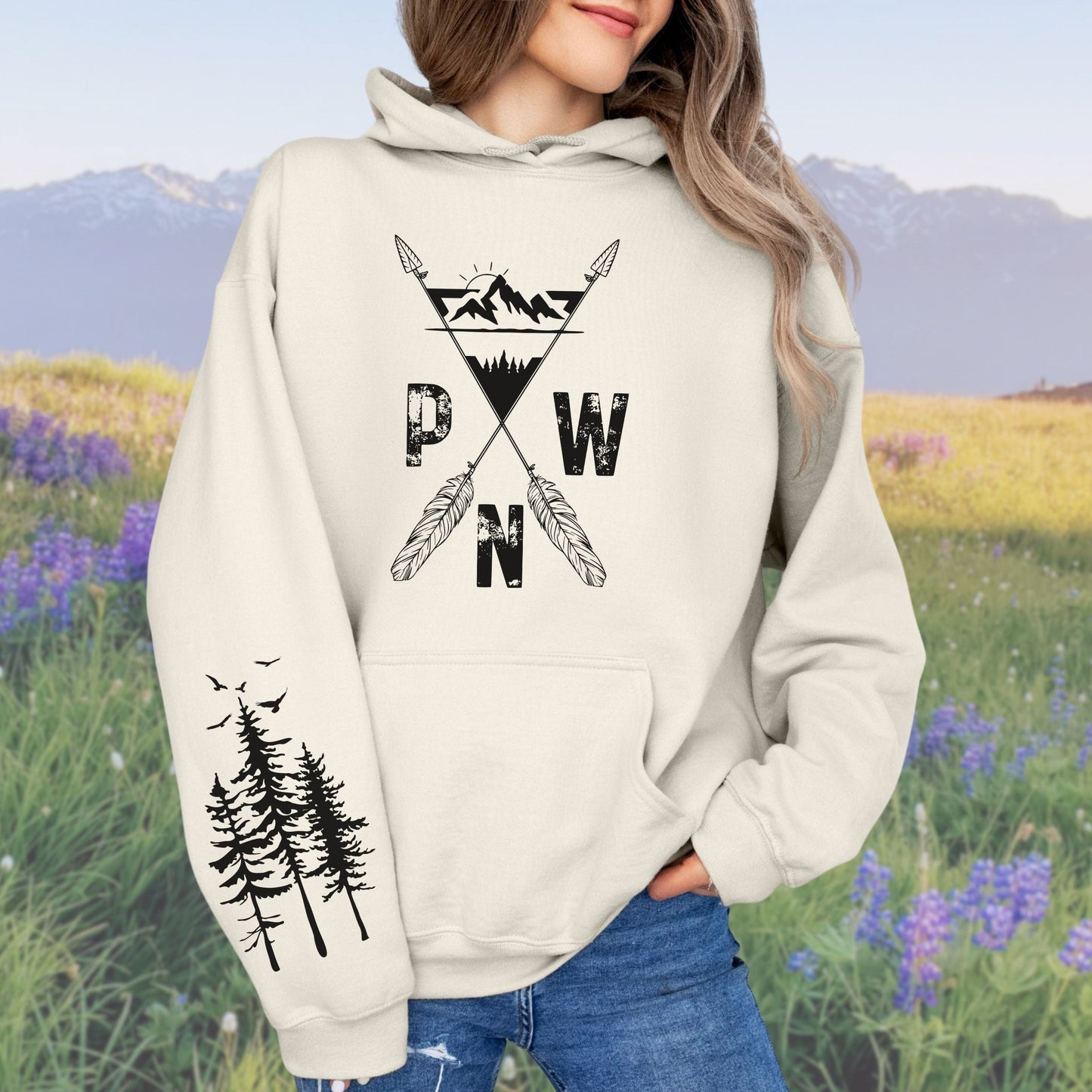 PNW Arrows and Mountains Softstyle Hoodie with Pine Trees Sleeve Design