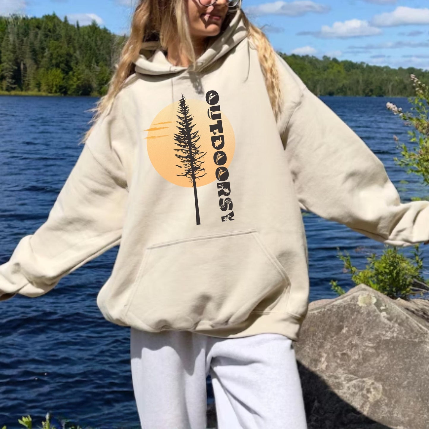 Outdoorsy Hoodie - Pine Tree Sunrise Design, Softstyle Hoodie