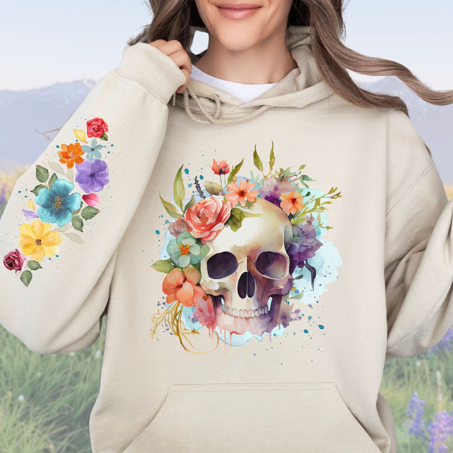 Floral Skull with Sleeve Design, Softstyle Hoodie
