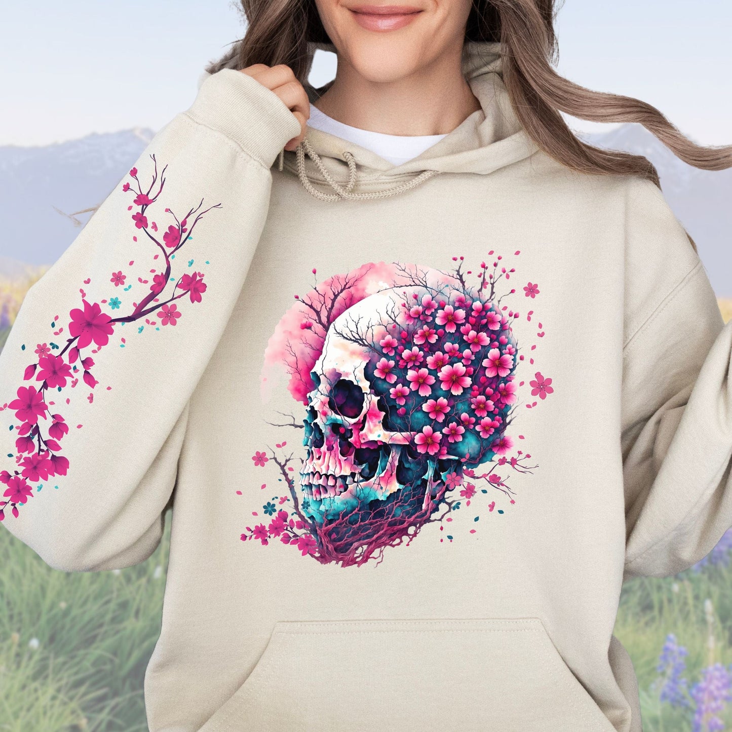 Cherry Blossom Skull with Sleeve Design, Softstyle Hoodie