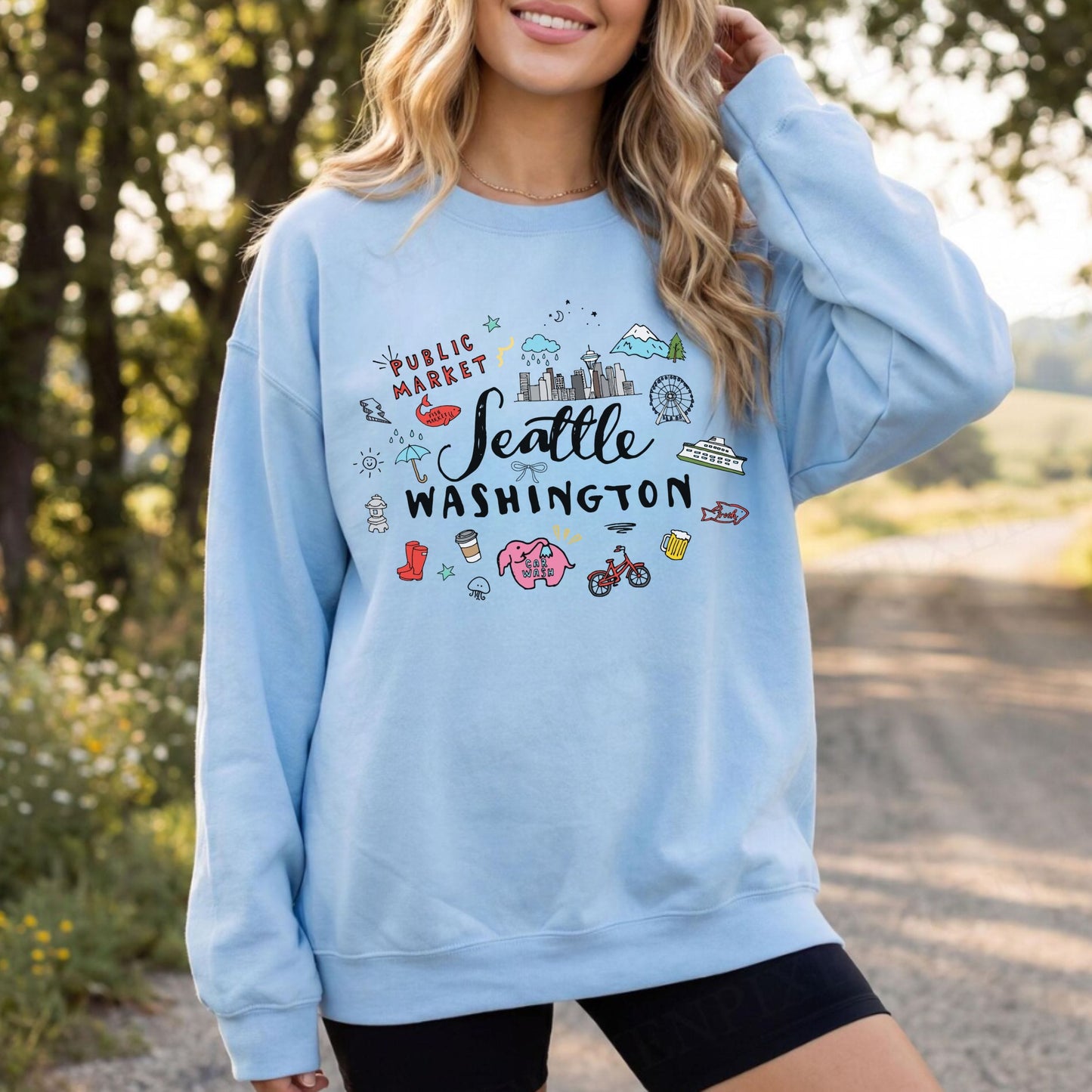 Seattle Washington Travel Souvenir Crewneck Sweatshirt | PNW Graphic Pullover