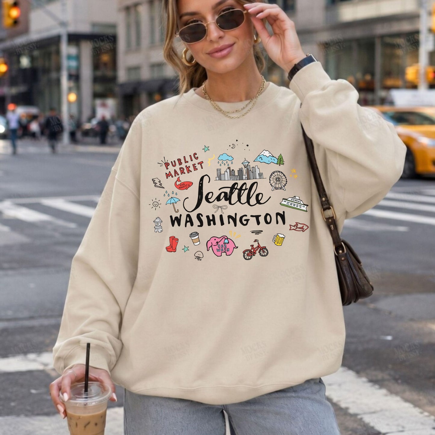 Seattle Washington Travel Souvenir Crewneck Sweatshirt | PNW Graphic Pullover