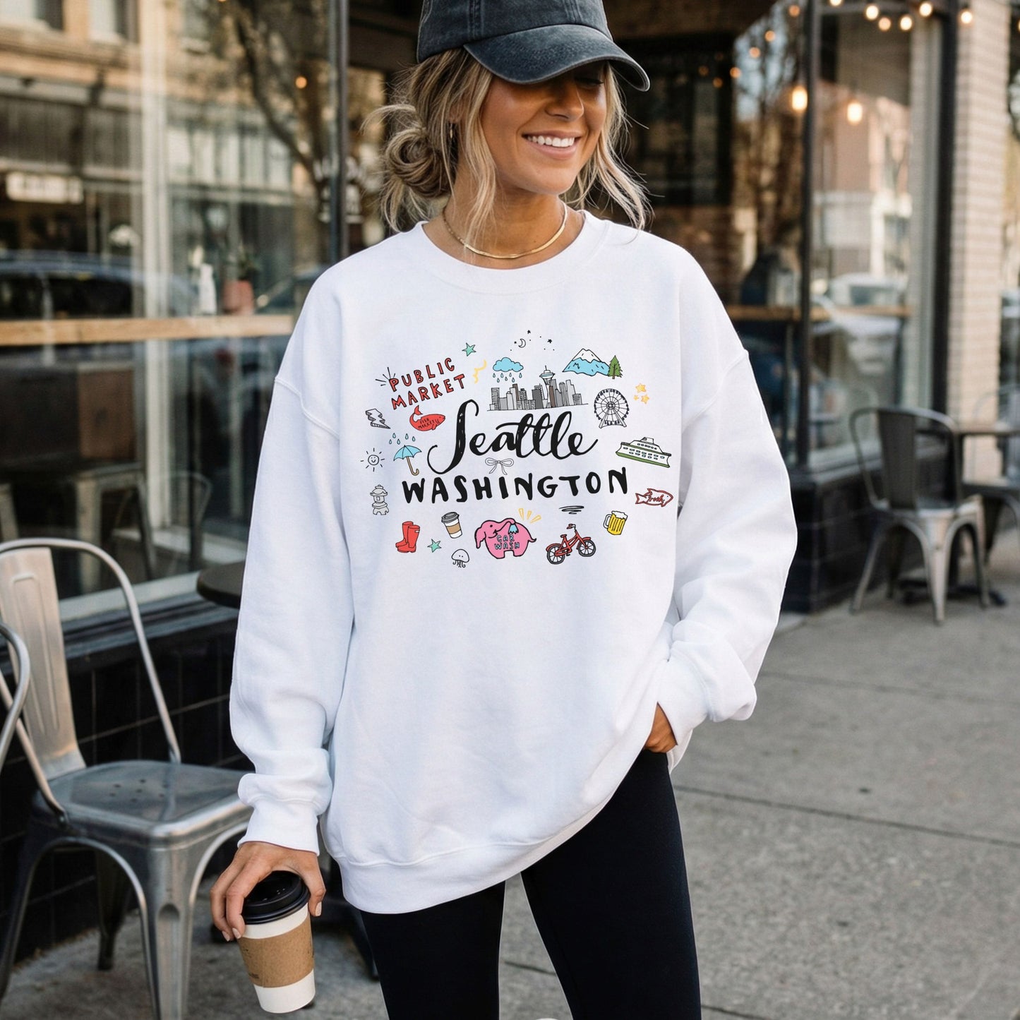 Seattle Washington Travel Souvenir Crewneck Sweatshirt | PNW Graphic Pullover