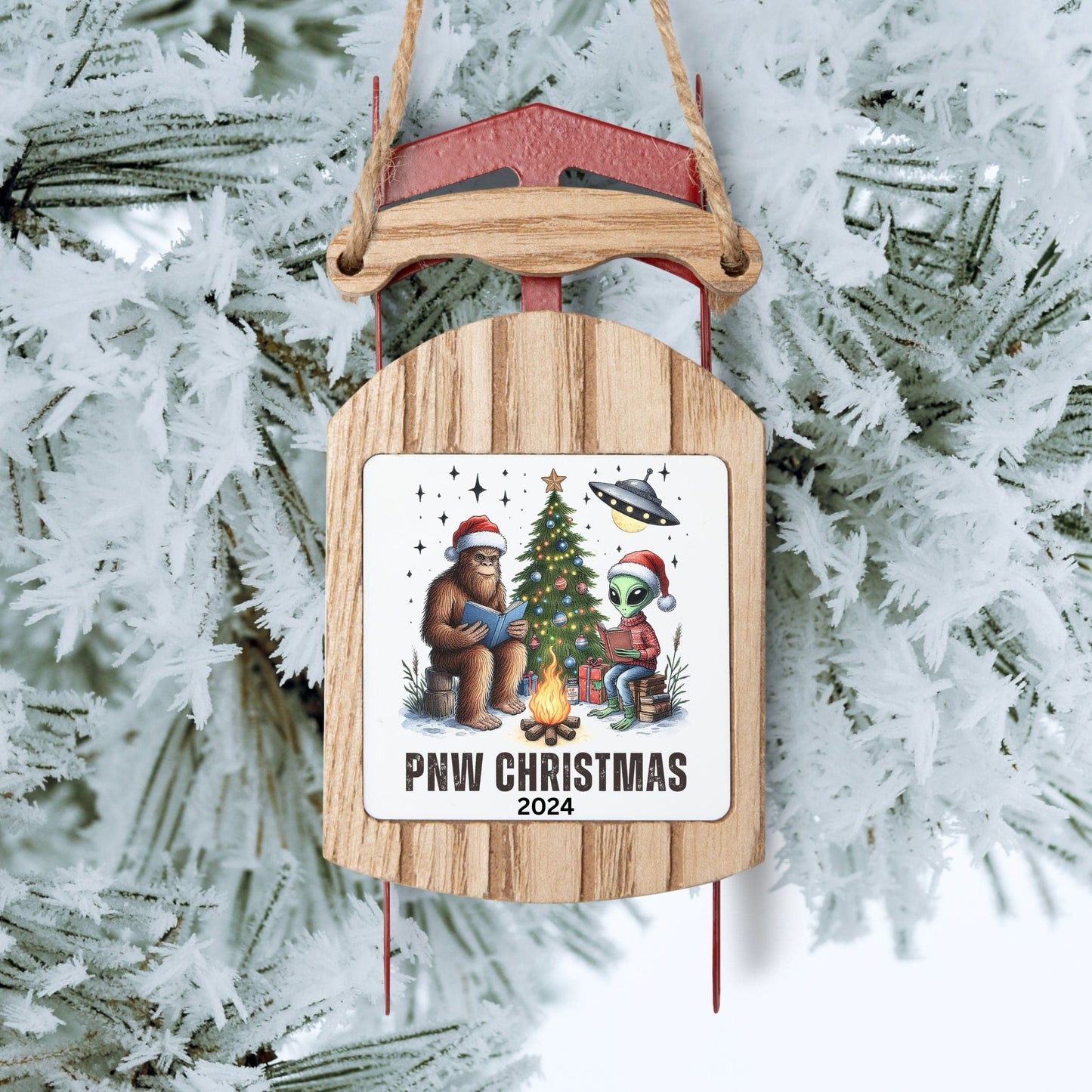 PNW Christmas, Bigfoot and Alien Campfire Sled Ornament