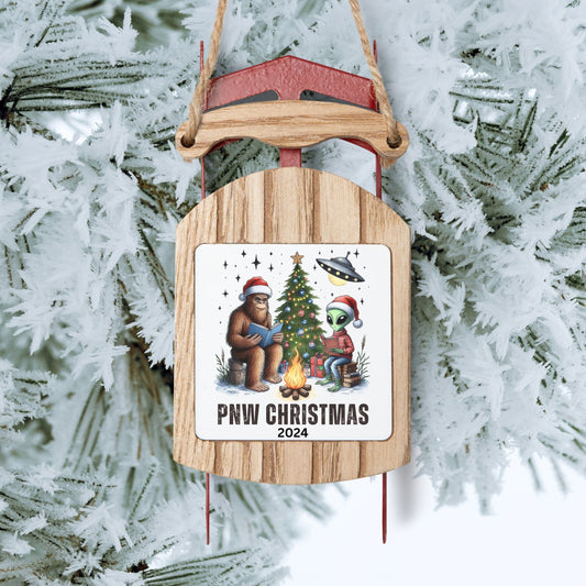 PNW Christmas, Bigfoot and Alien Campfire Sled Ornament