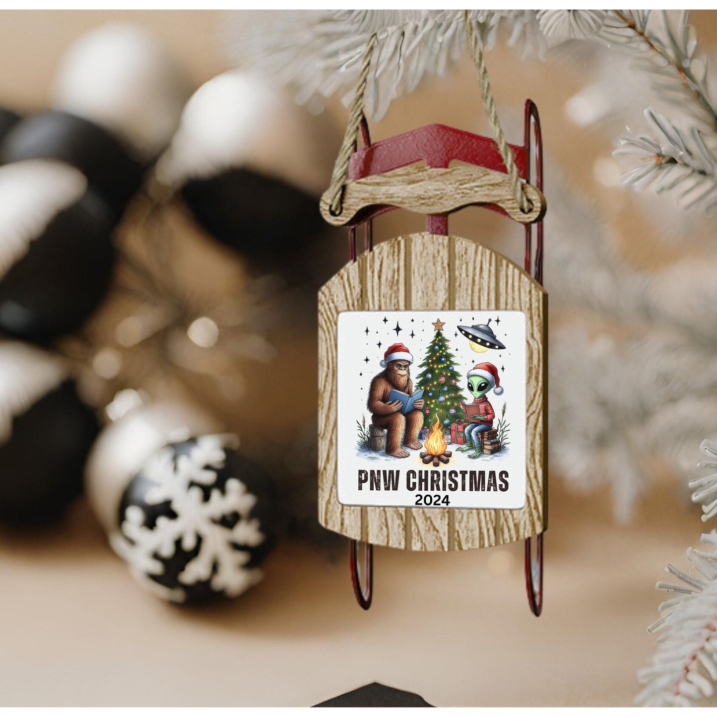 PNW Christmas, Bigfoot and Alien Campfire Sled Ornament