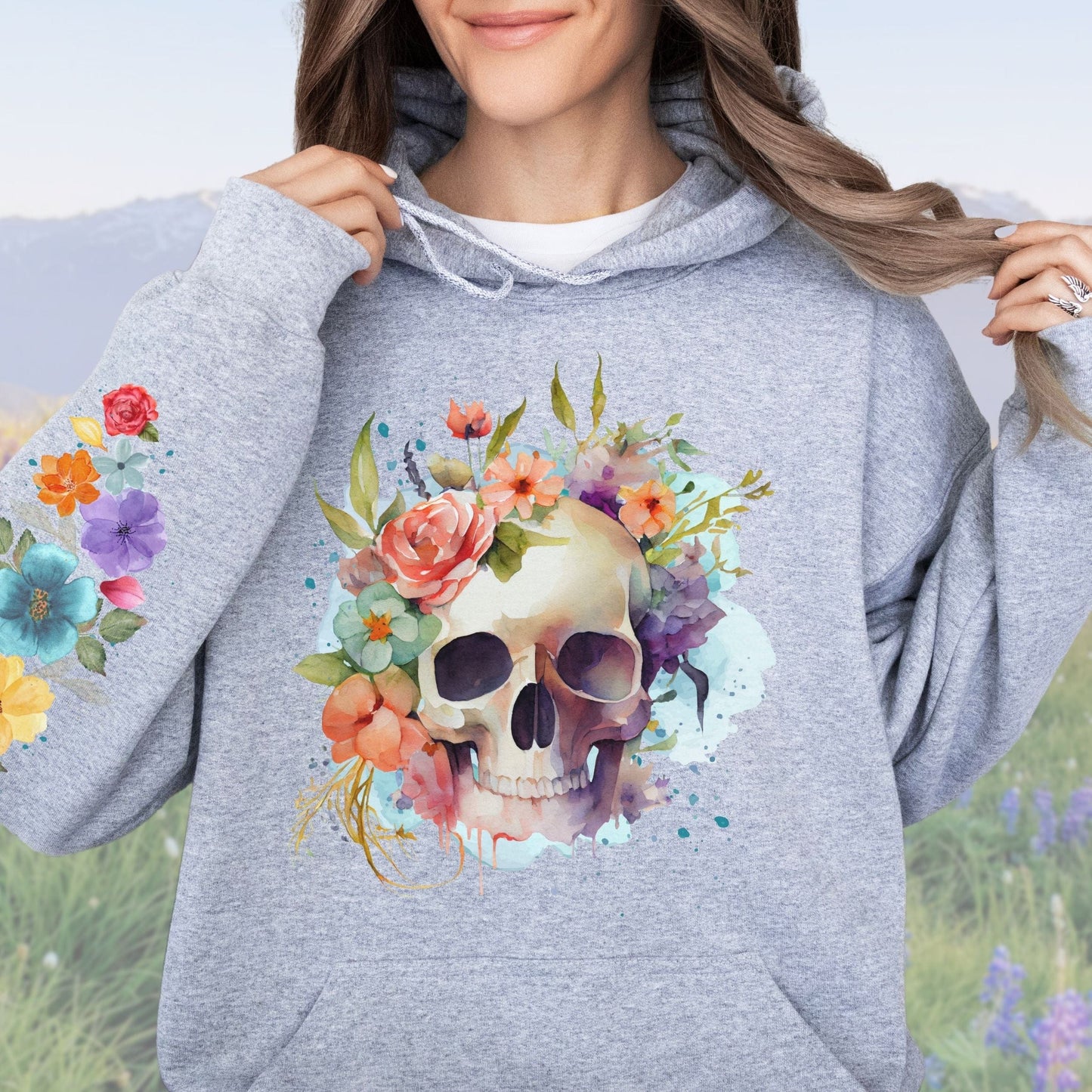 Floral Skull with Sleeve Design, Softstyle Hoodie