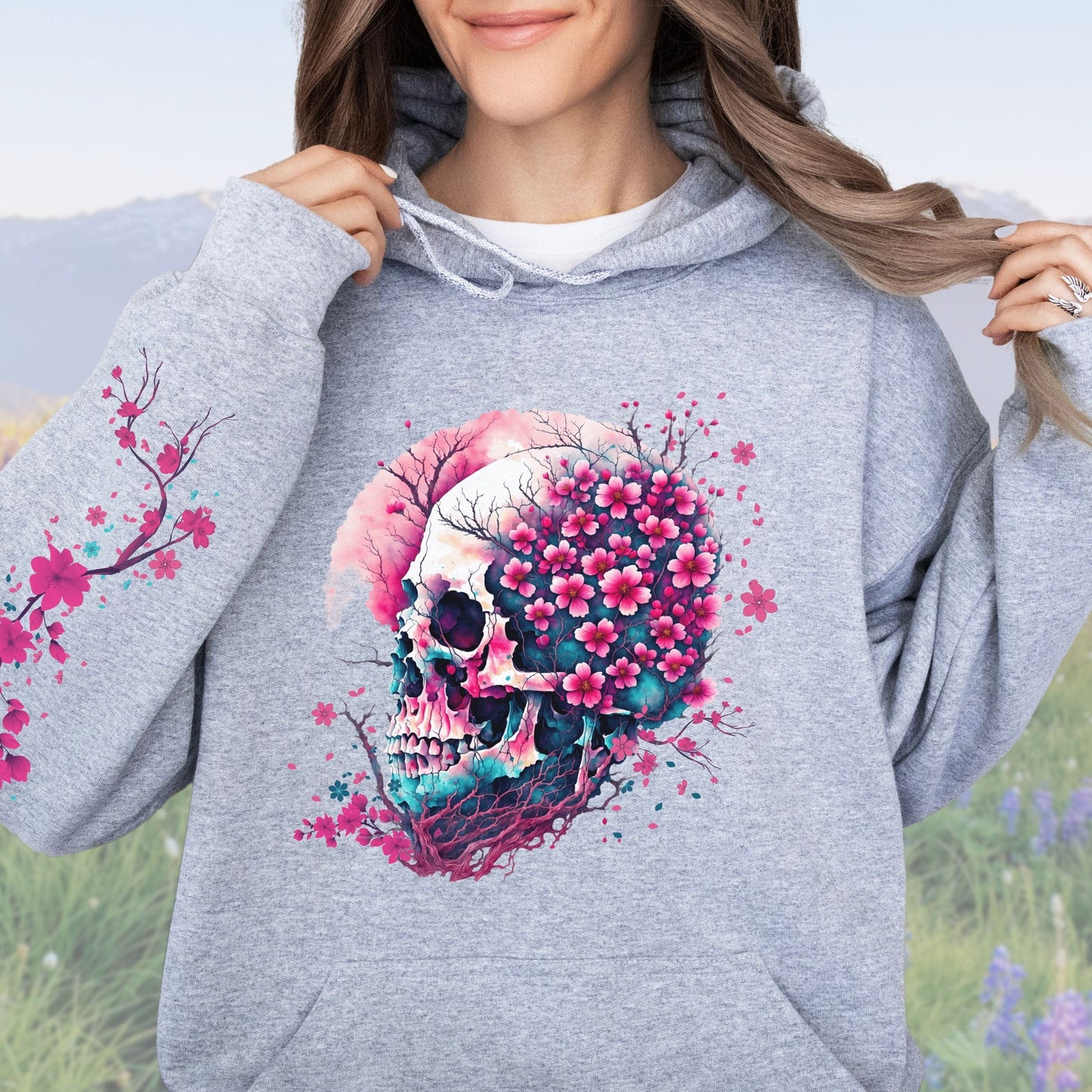 Cherry Blossom Skull with Sleeve Design, Softstyle Hoodie