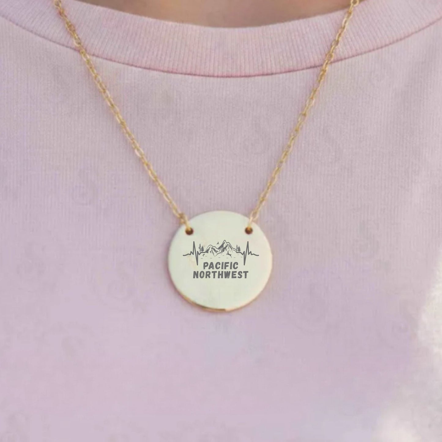 Engraved - Pacific Northwest, Mountain Heartbeat Circle Necklace