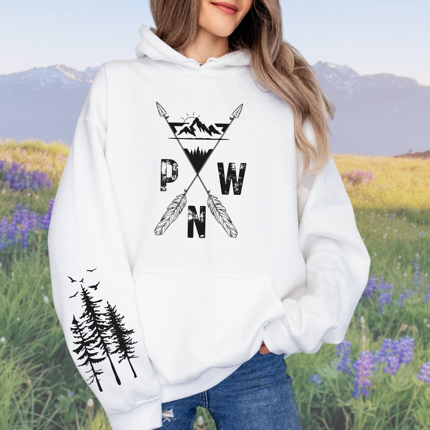 PNW Arrows and Mountains Softstyle Hoodie with Pine Trees Sleeve Design