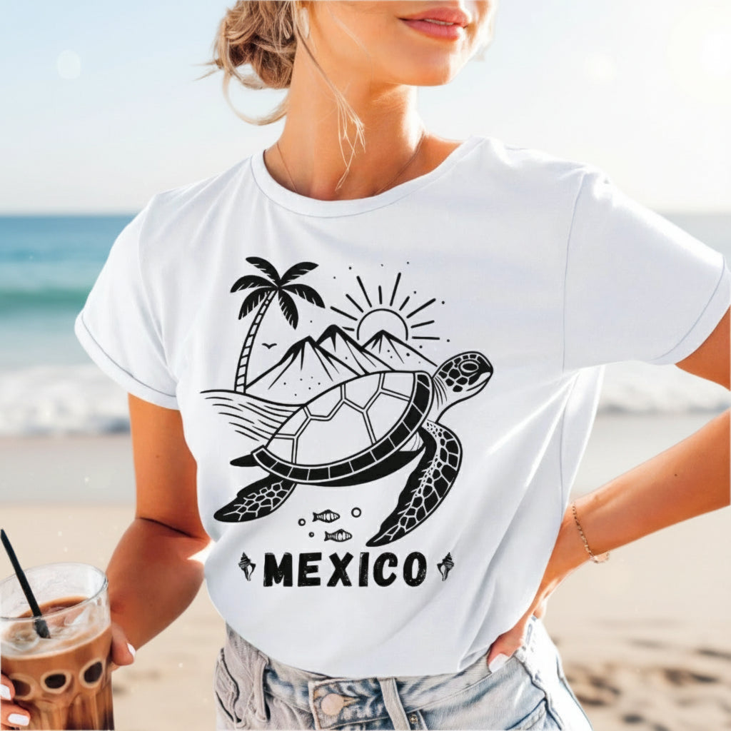 A woman wearing a yellow crew neck t-shirt with a graphic of a turtle, palm trees, and the word 'MEXICO' on it.