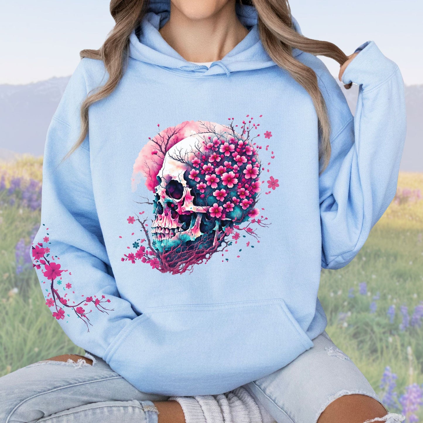 Cherry Blossom Skull with Sleeve Design, Softstyle Hoodie