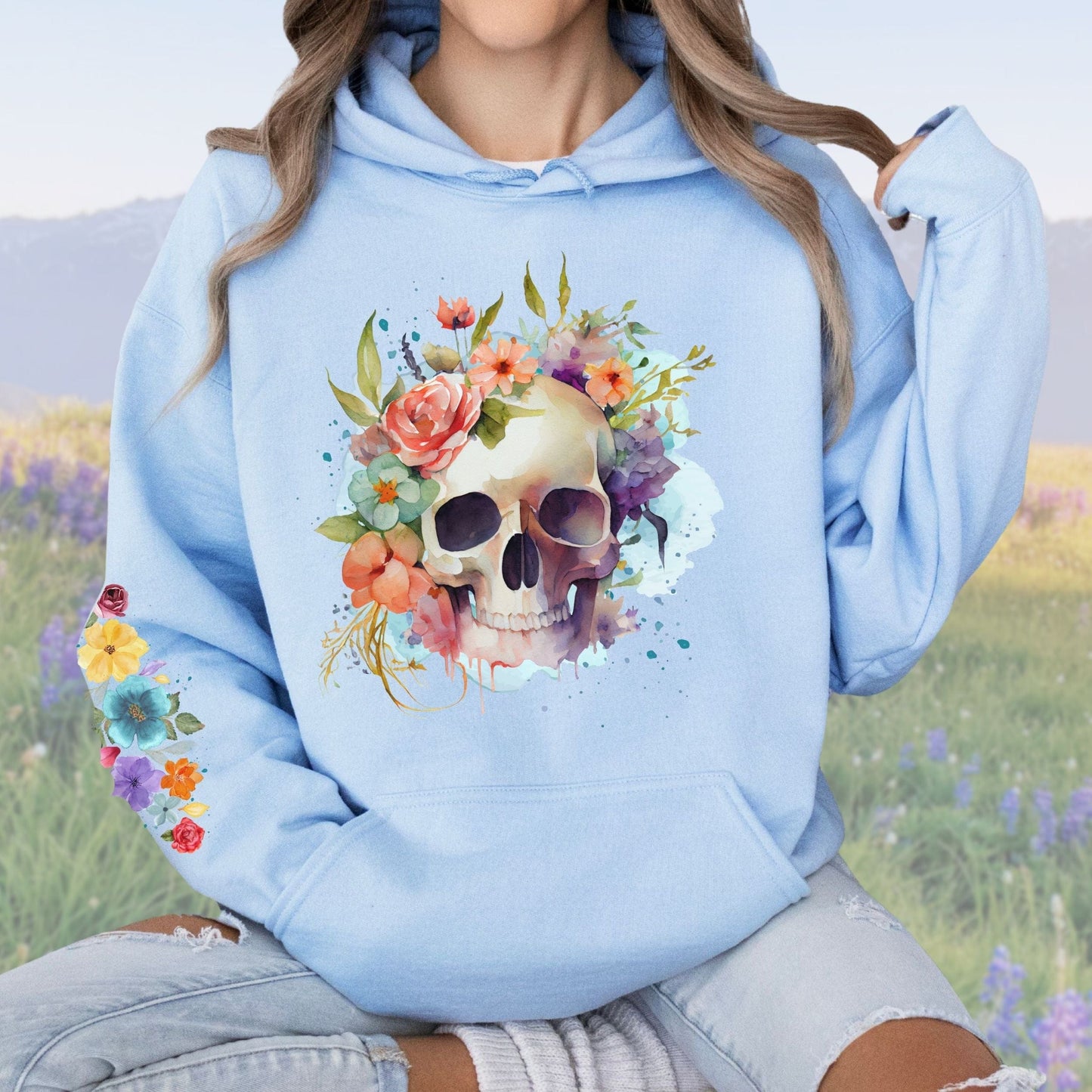 Floral Skull with Sleeve Design, Softstyle Hoodie