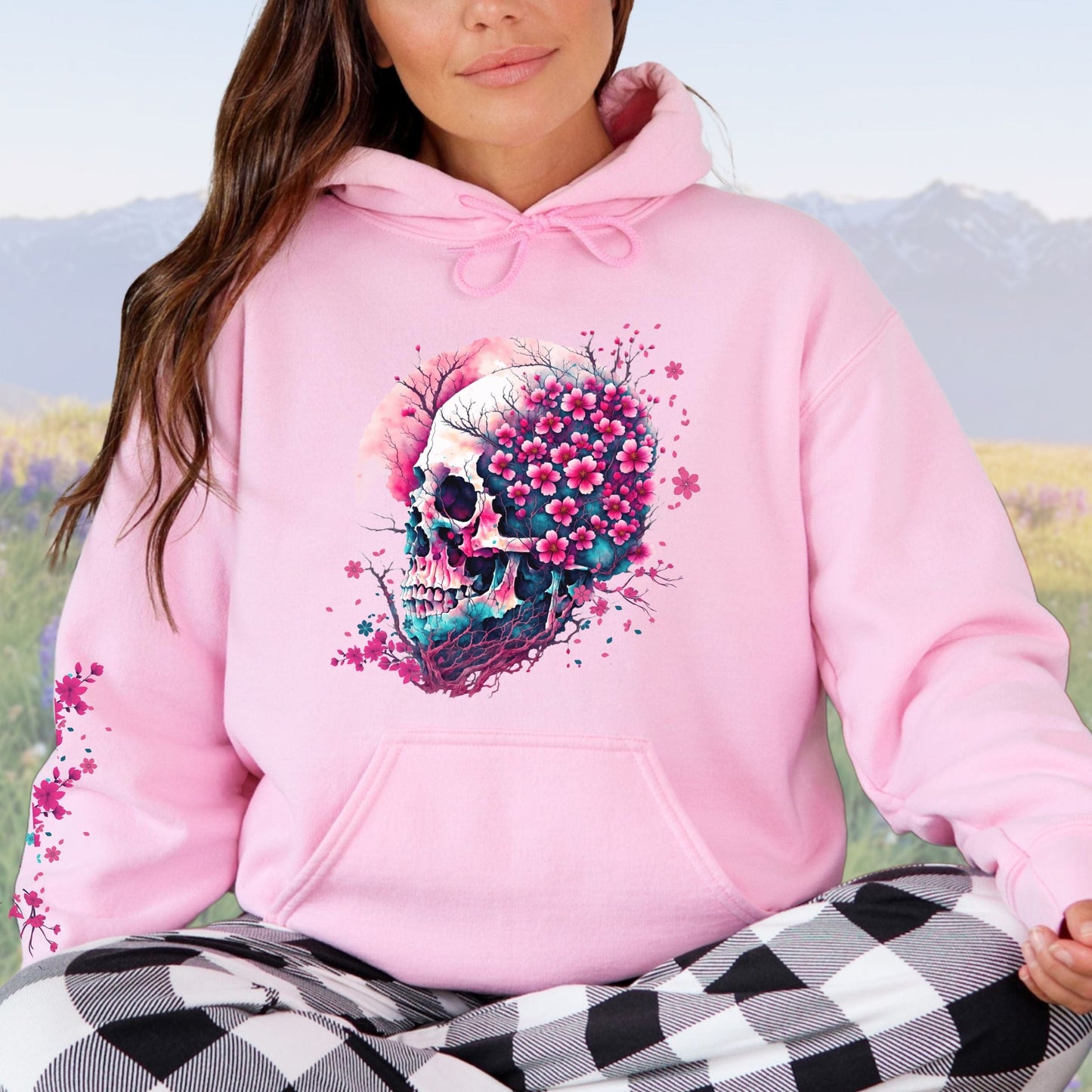 Cherry Blossom Skull with Sleeve Design, Softstyle Hoodie