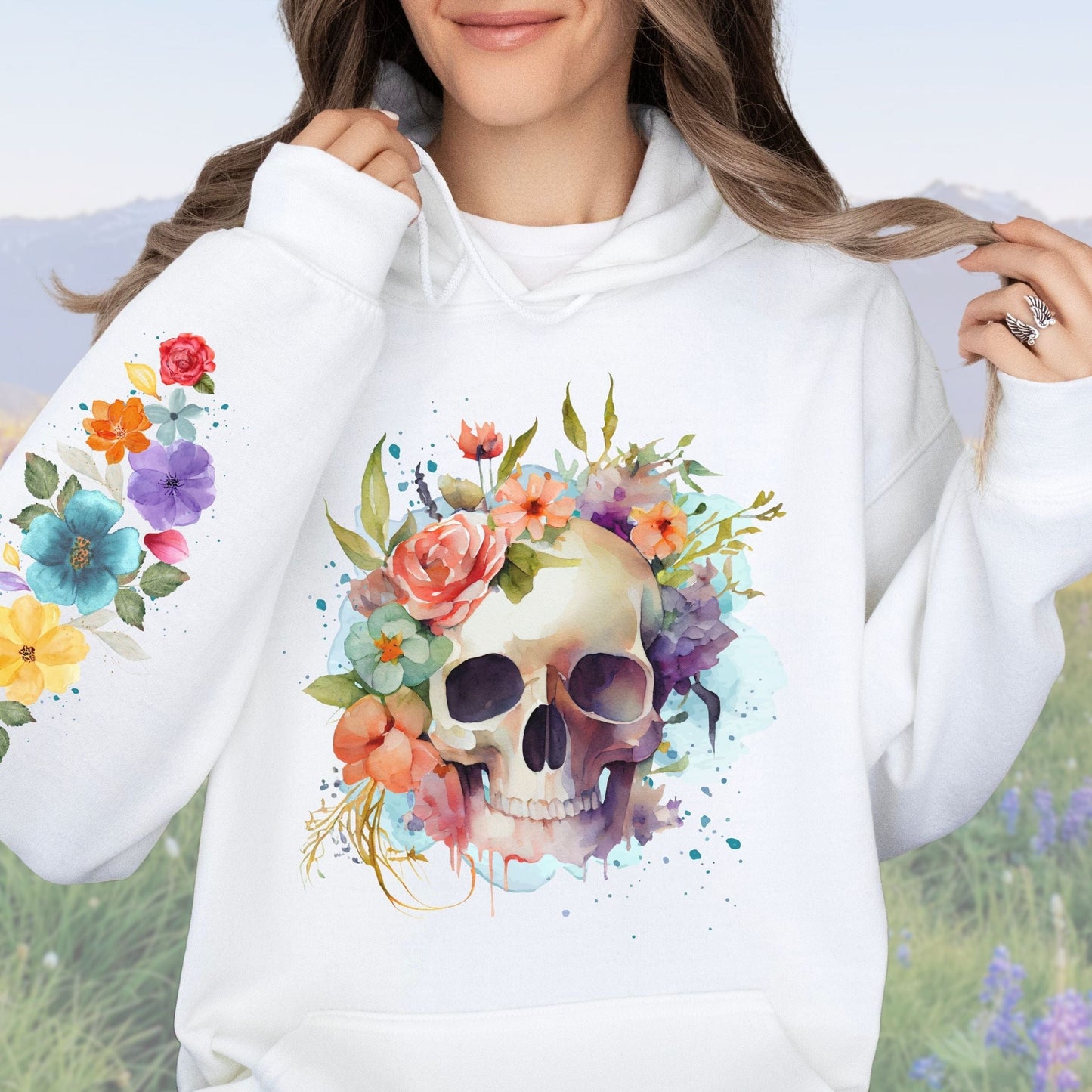 Floral Skull with Sleeve Design, Softstyle Hoodie