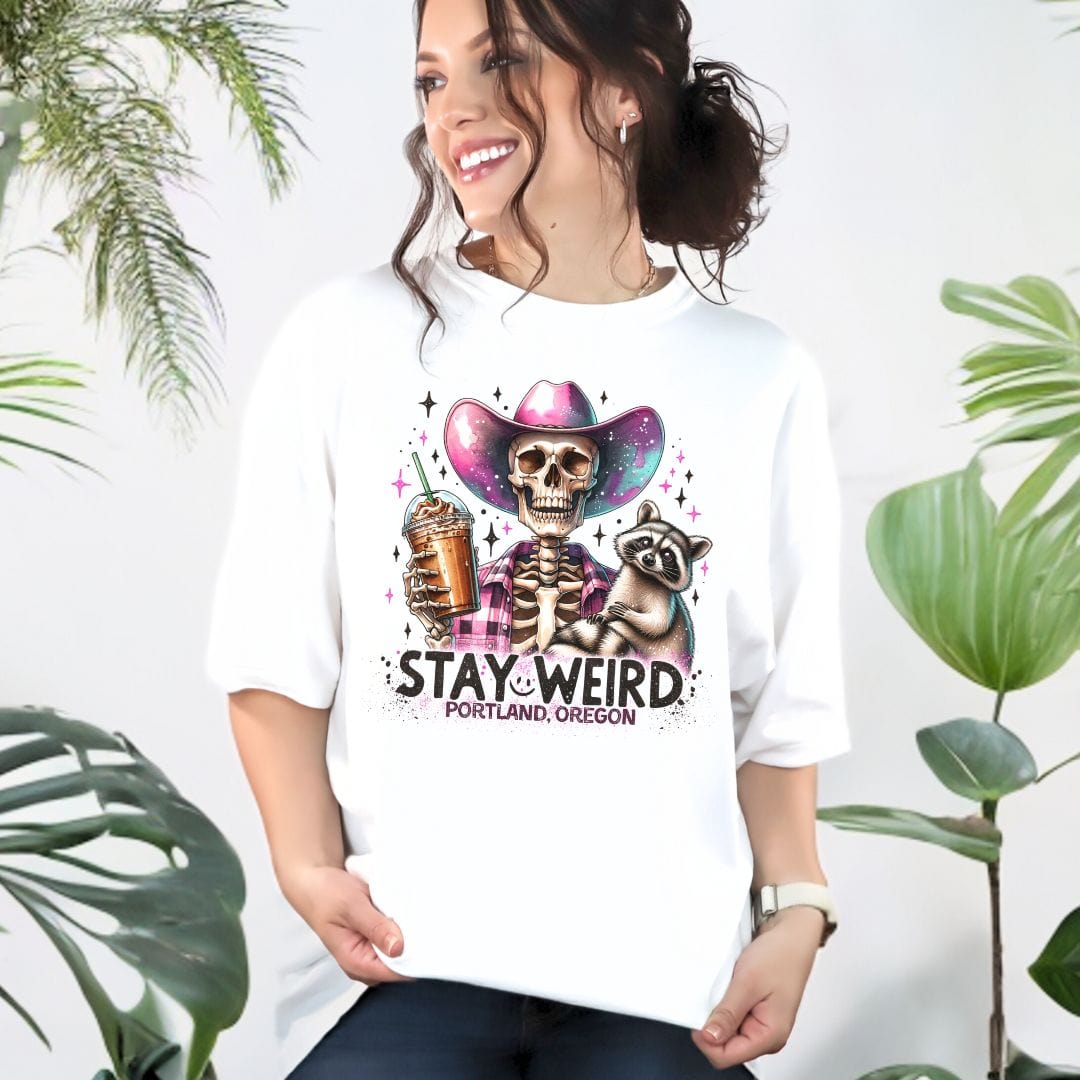 Stay Weird Portland, Oregon, Skeleton Cowgirl, Vintage Style Tee