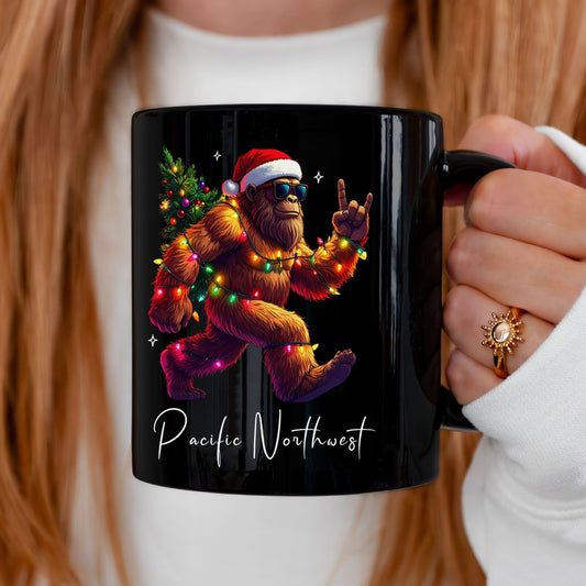Pacific Northwest Bigfoot Santa, Black Mug (11oz, 15oz)
