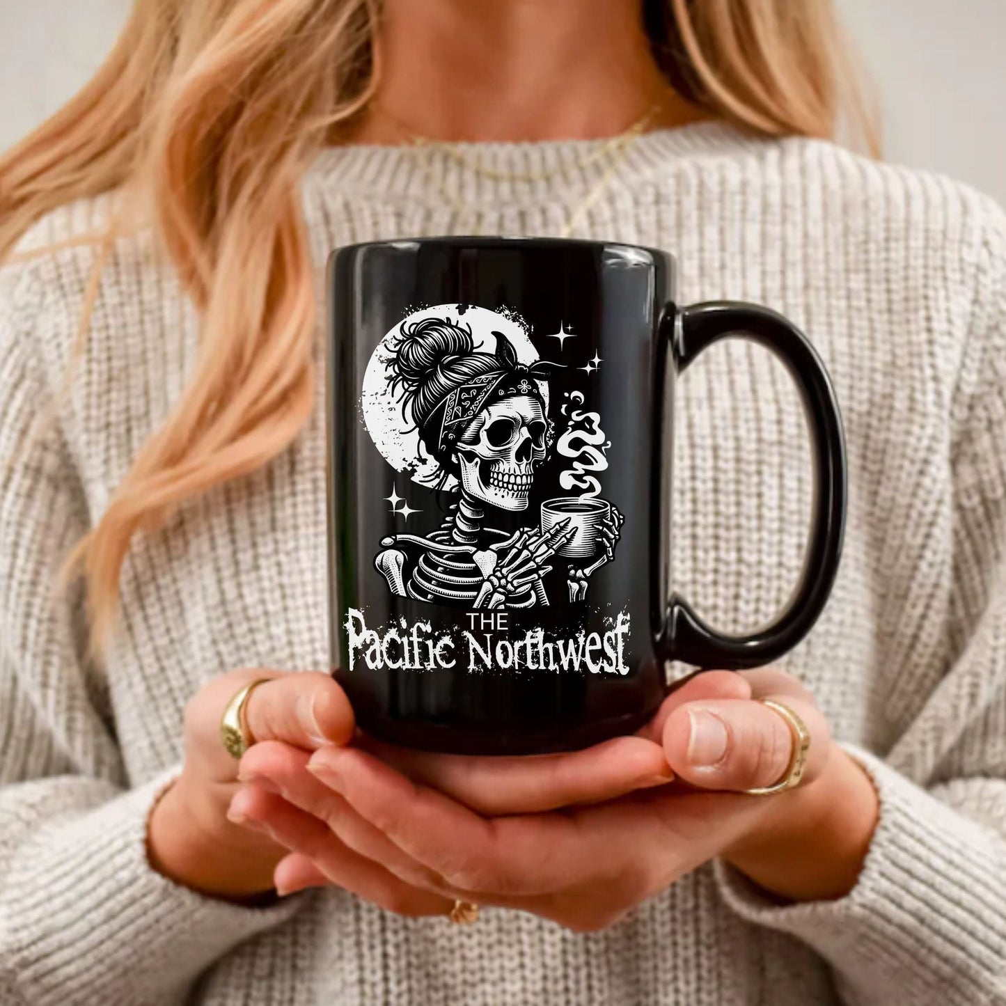 Pacific Northwest Skeleton Coffee Girl, Black Mug (11oz, 15oz)