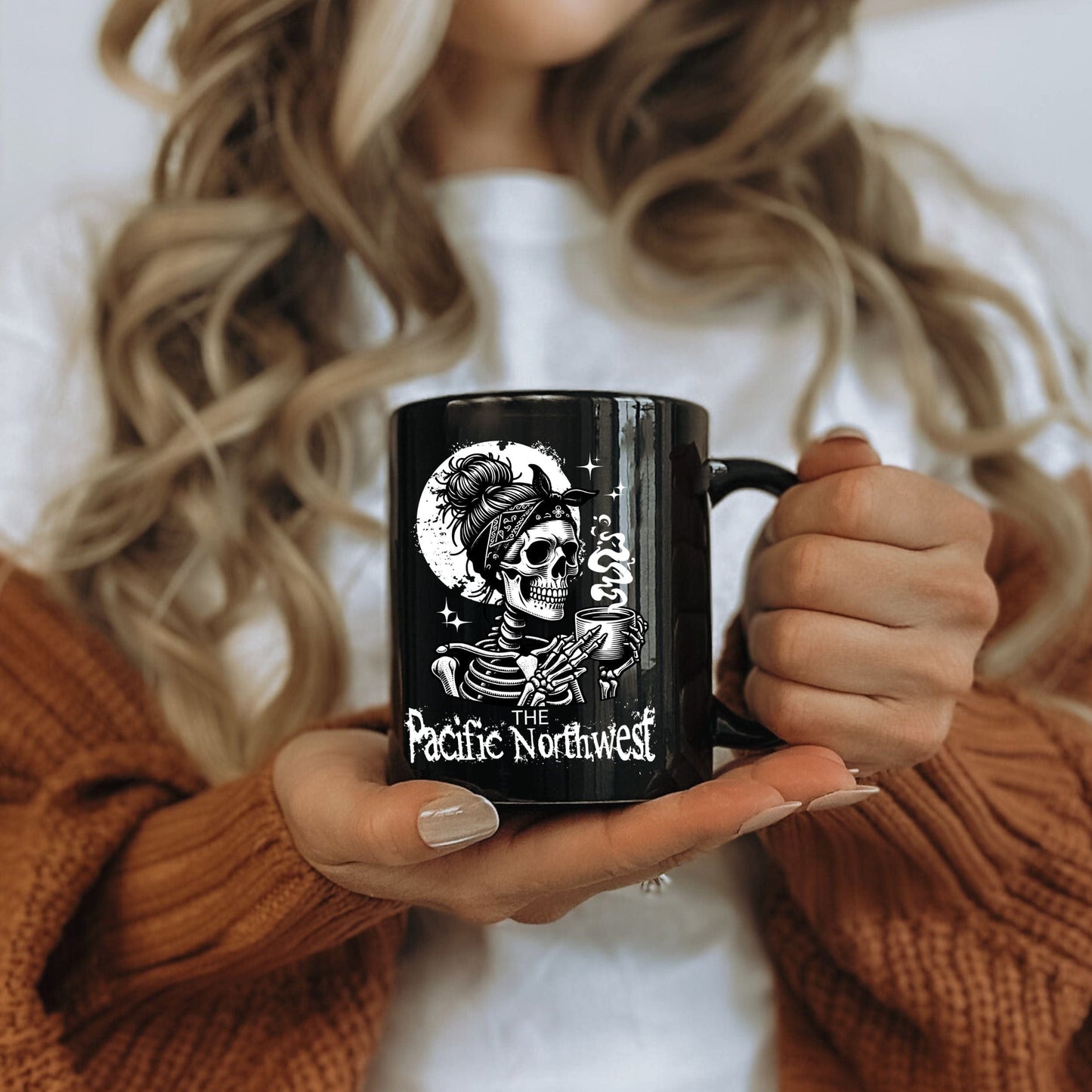 Pacific Northwest Skeleton Coffee Girl, Black Mug (11oz, 15oz)