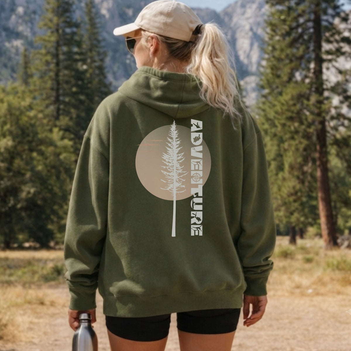 Adventure Back Print Hoodie | Pine Tree Sunset Outdoor Sweatshirt