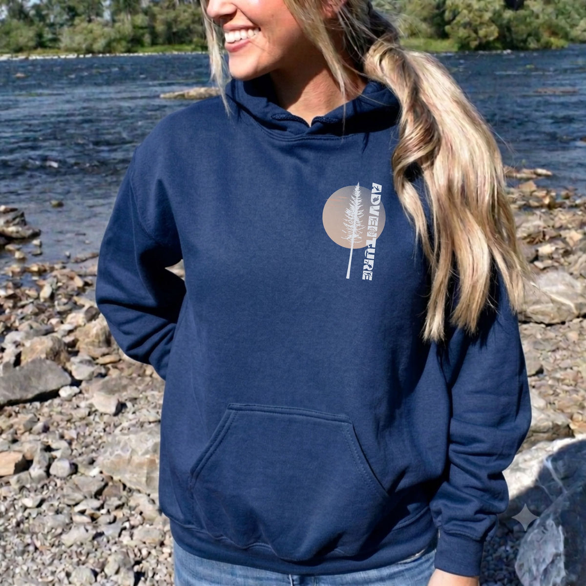 Adventure Back Print Hoodie | Pine Tree Sunset Outdoor Sweatshirt