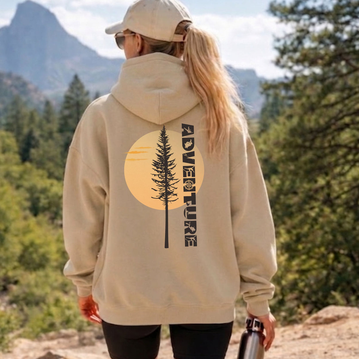 Adventure Back Print Hoodie | Pine Tree Sunset Outdoor Sweatshirt