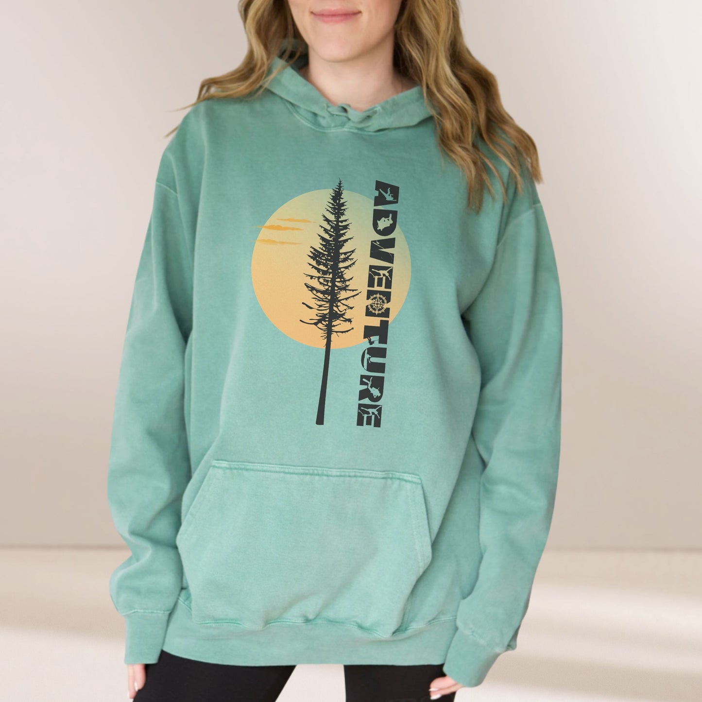 Adventure Pine Tree Sunrise Comfort Colors Hoodie | Vintage Wash Outdoor Pullover