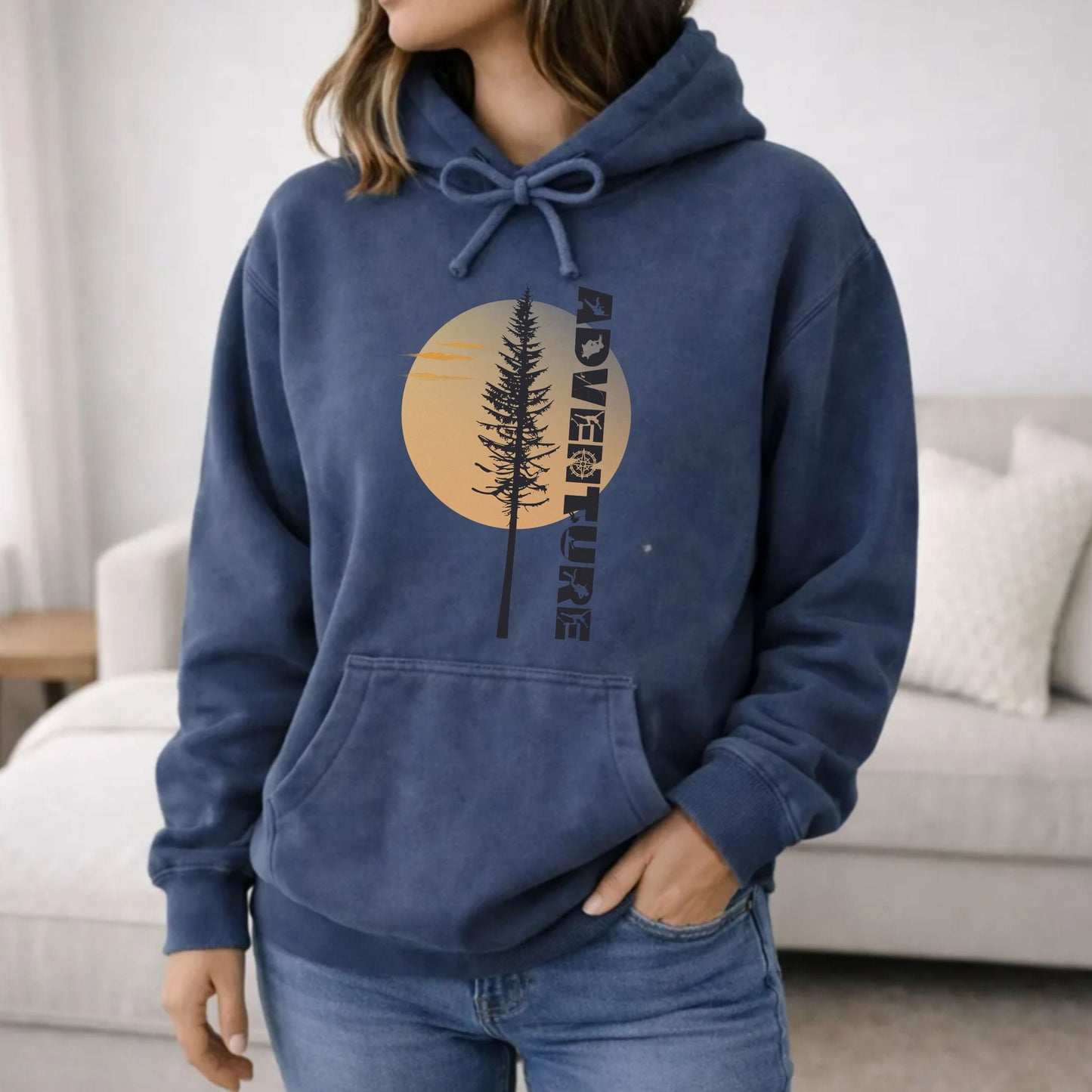 Adventure Pine Tree Sunrise Comfort Colors Hoodie | Vintage Wash Outdoor Pullover