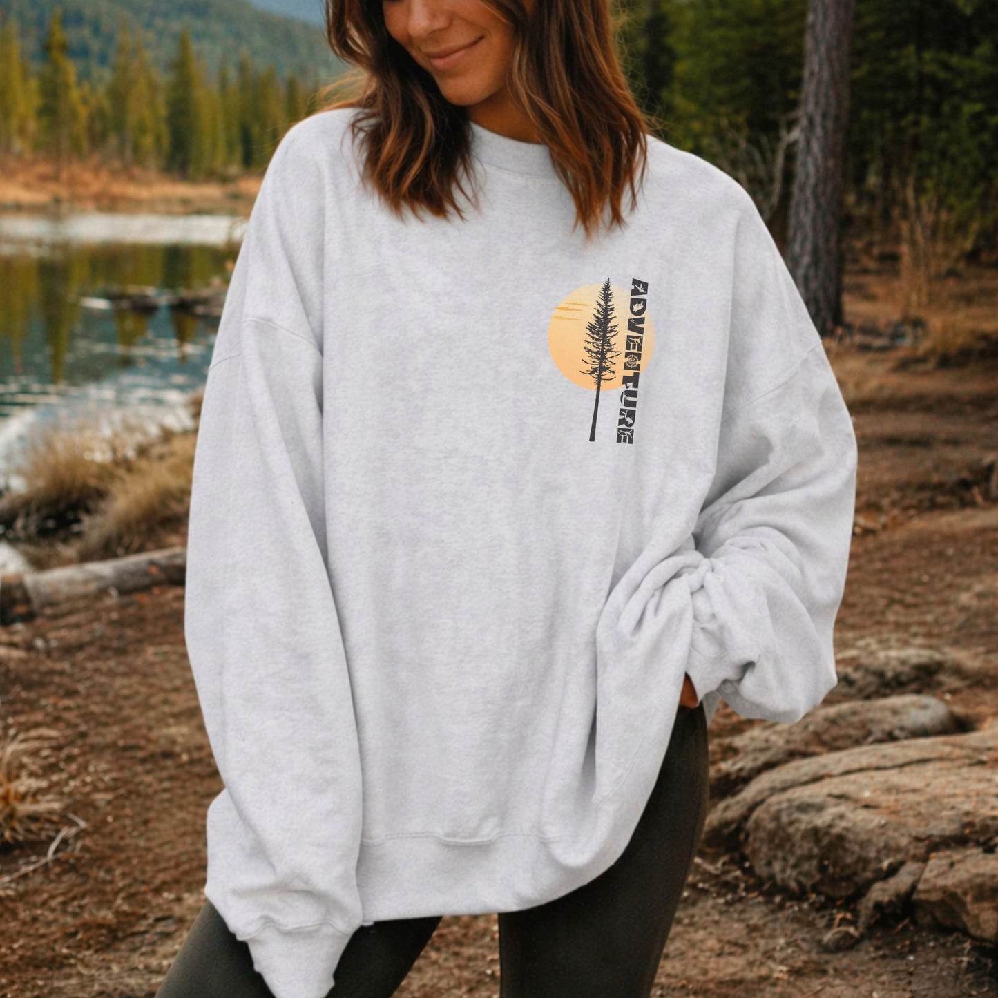 Adventure Pine Tree Sunrise Crewneck Sweatshirt | Cozy Outdoor Camping Pullover