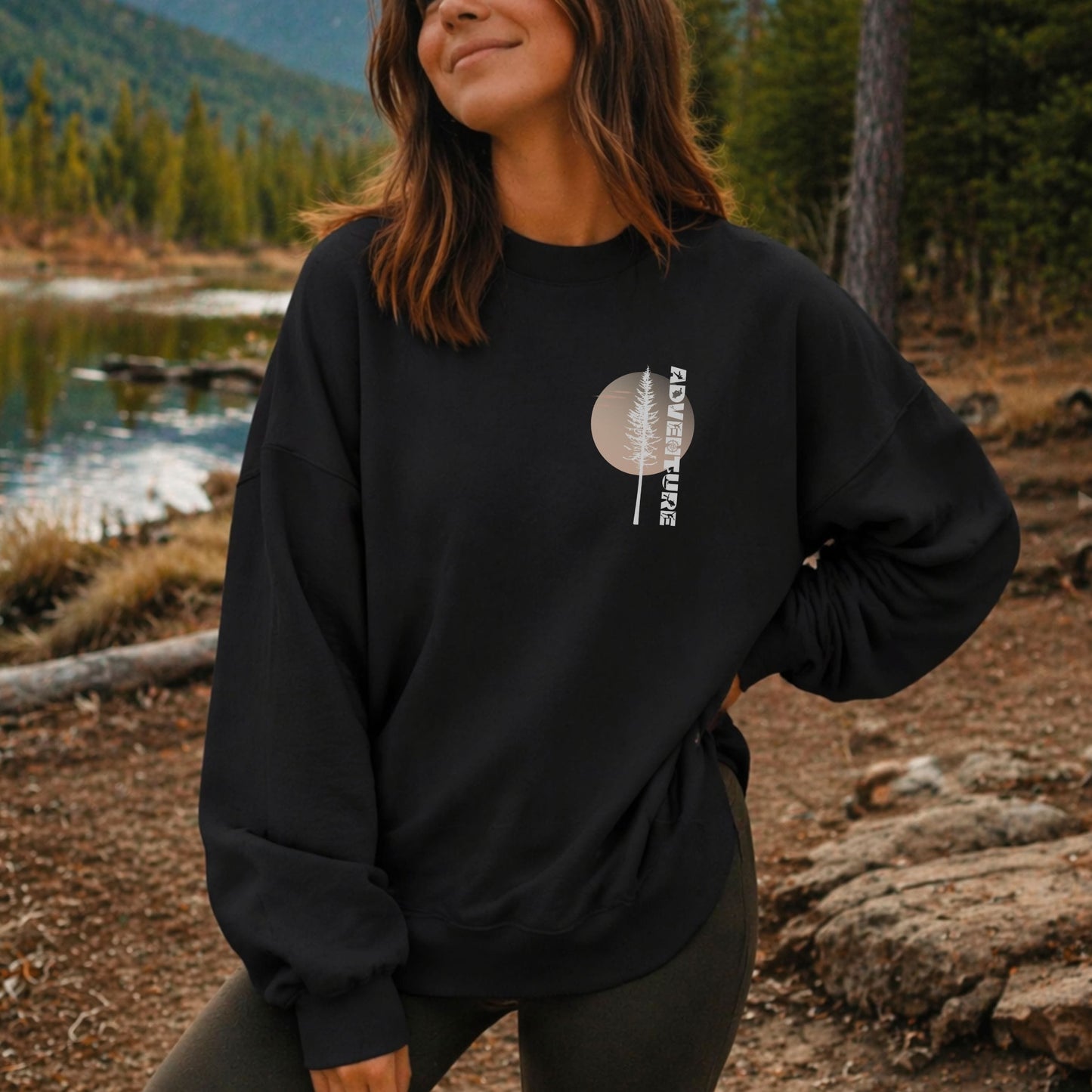 Adventure Pine Tree Sunrise Crewneck Sweatshirt | Cozy Outdoor Camping Pullover