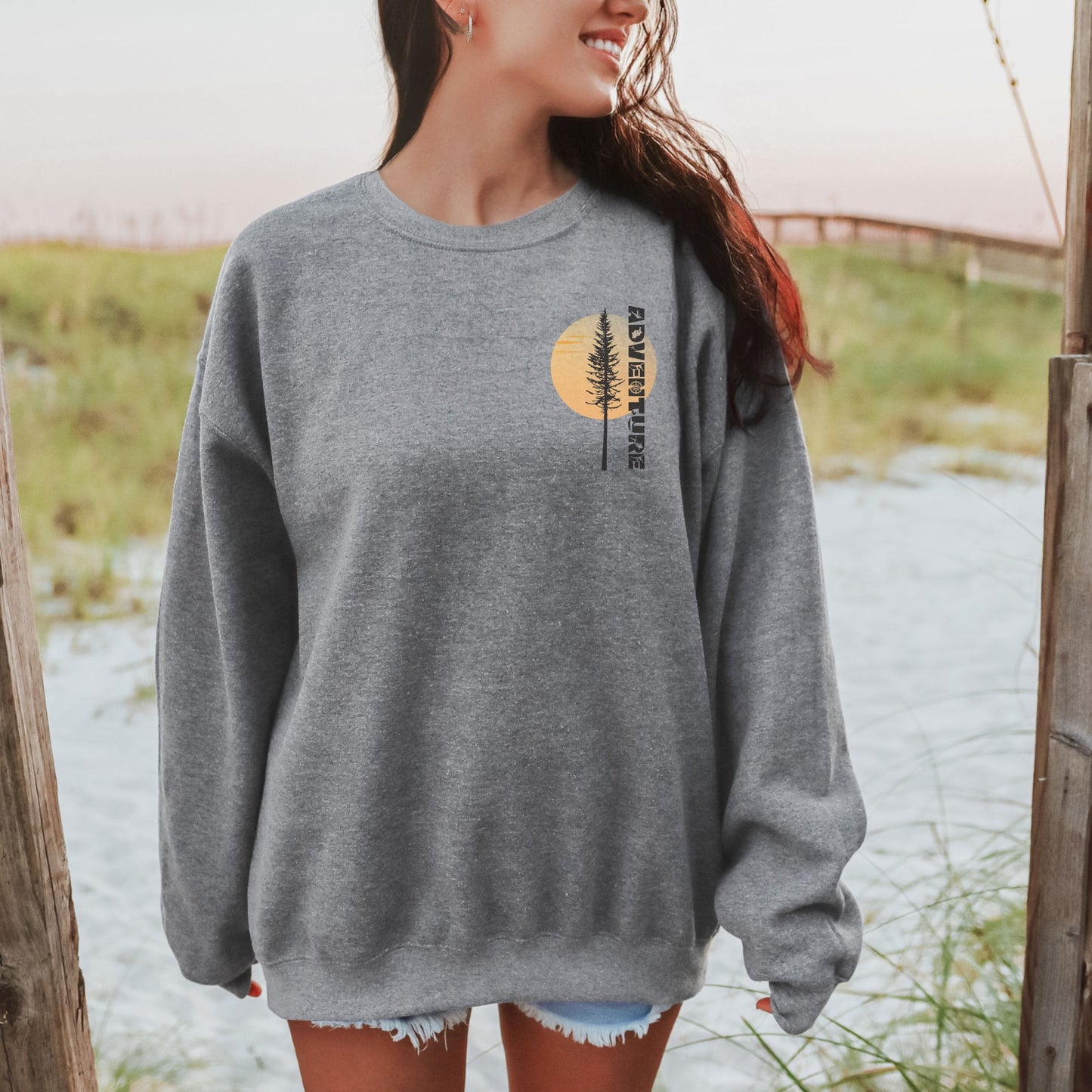 Adventure Pine Tree Sunrise Crewneck Sweatshirt | Cozy Outdoor Camping Pullover