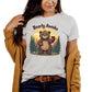 A woman wearing a gray 'Bearly Awake' sleepy bear t-shirt with a graphic of a bear holding a mug.