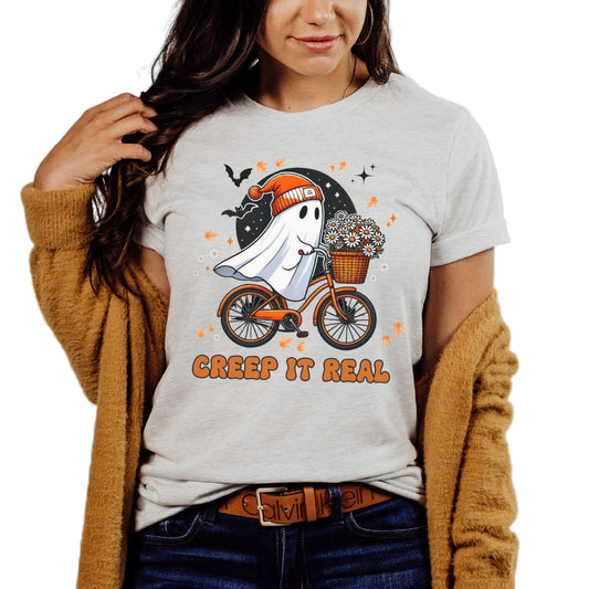 Creep it Real, Halloween Ghost on Bicycle Softstyle Tee