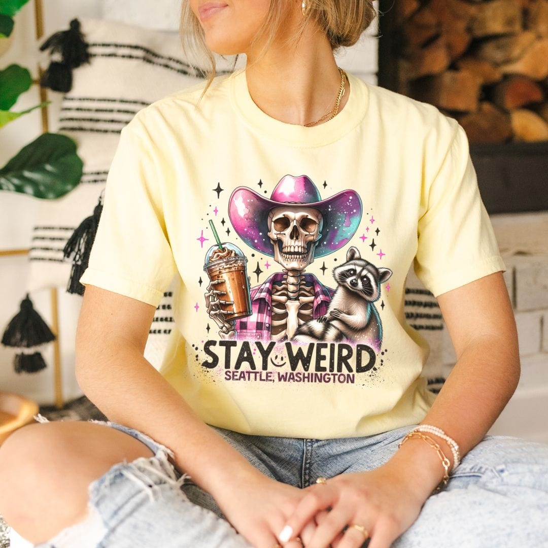Stay Weird Seattle - Skeleton Cowgirl, Vintage Style Tee