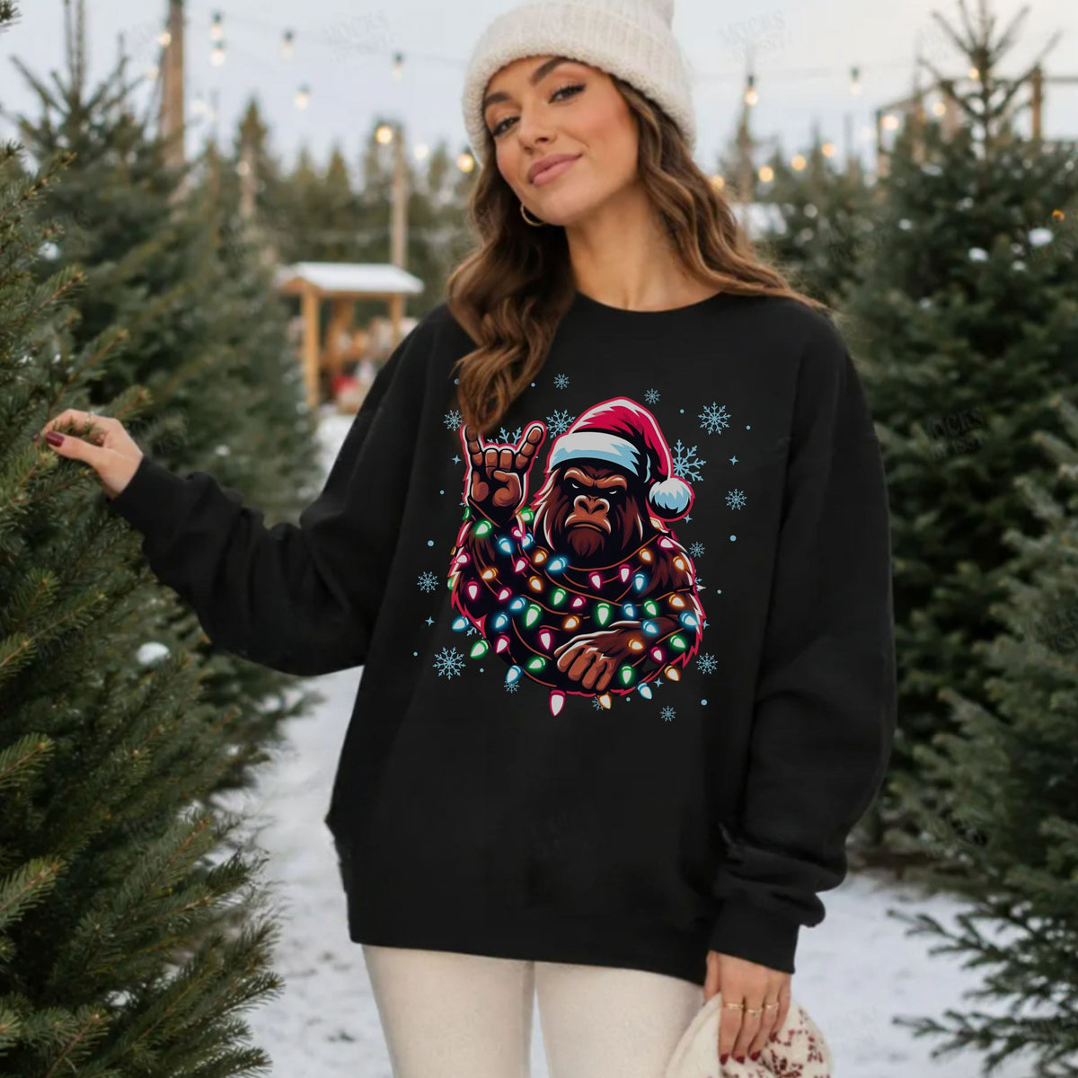 Bigfoot Christmas Lights Sweatshirt | Funny Sasquatch Holiday Crewneck