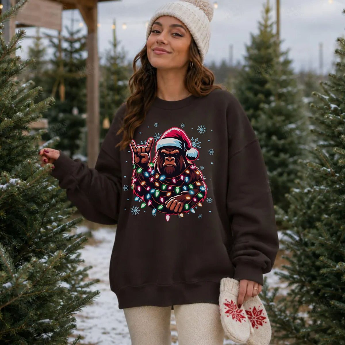 Bigfoot Christmas Lights Sweatshirt | Funny Sasquatch Holiday Crewneck