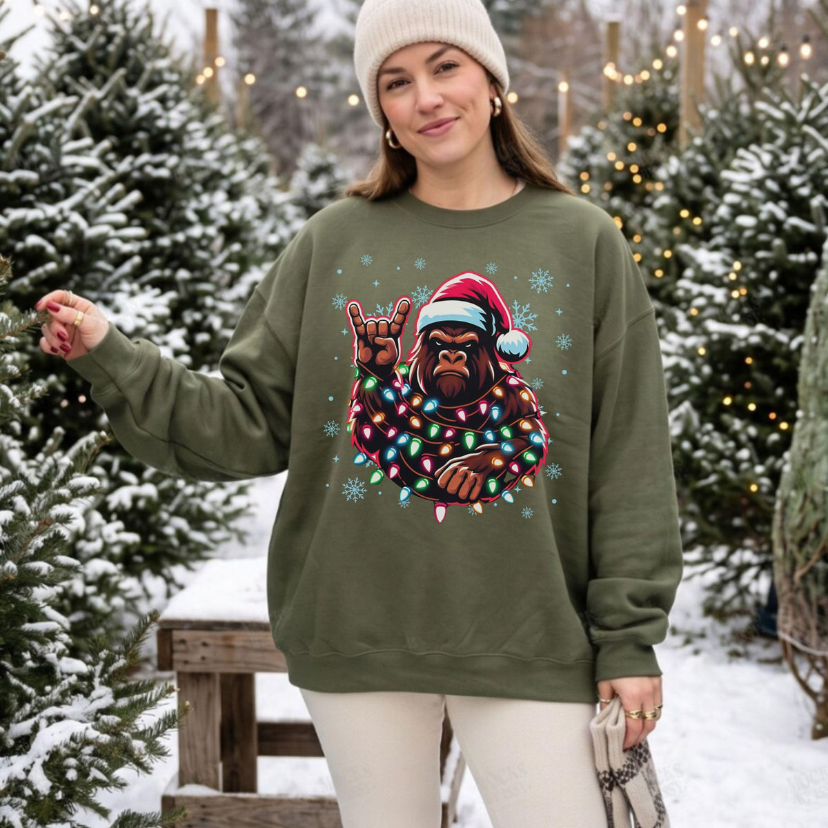 Bigfoot Christmas Lights Sweatshirt | Funny Sasquatch Holiday Crewneck