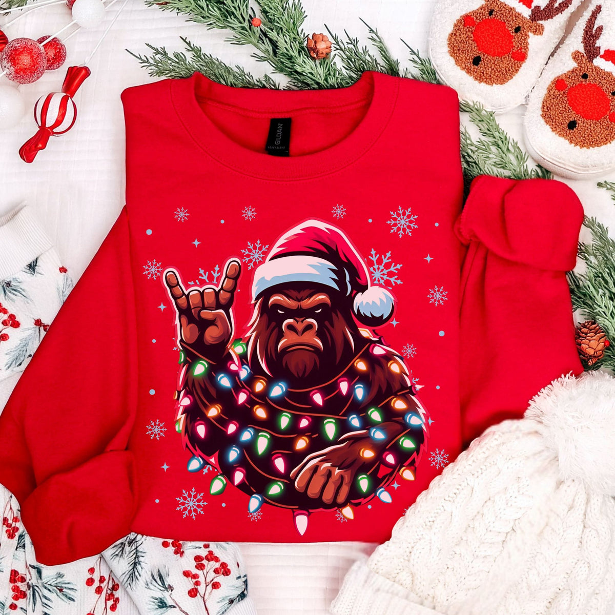 Bigfoot Christmas Lights Sweatshirt | Funny Sasquatch Holiday Crewneck