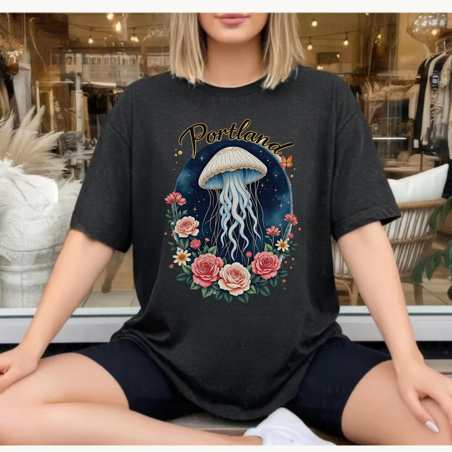 Portland Celestial Jellyfish Graphic Tee | Whimsical Floral Shirt
