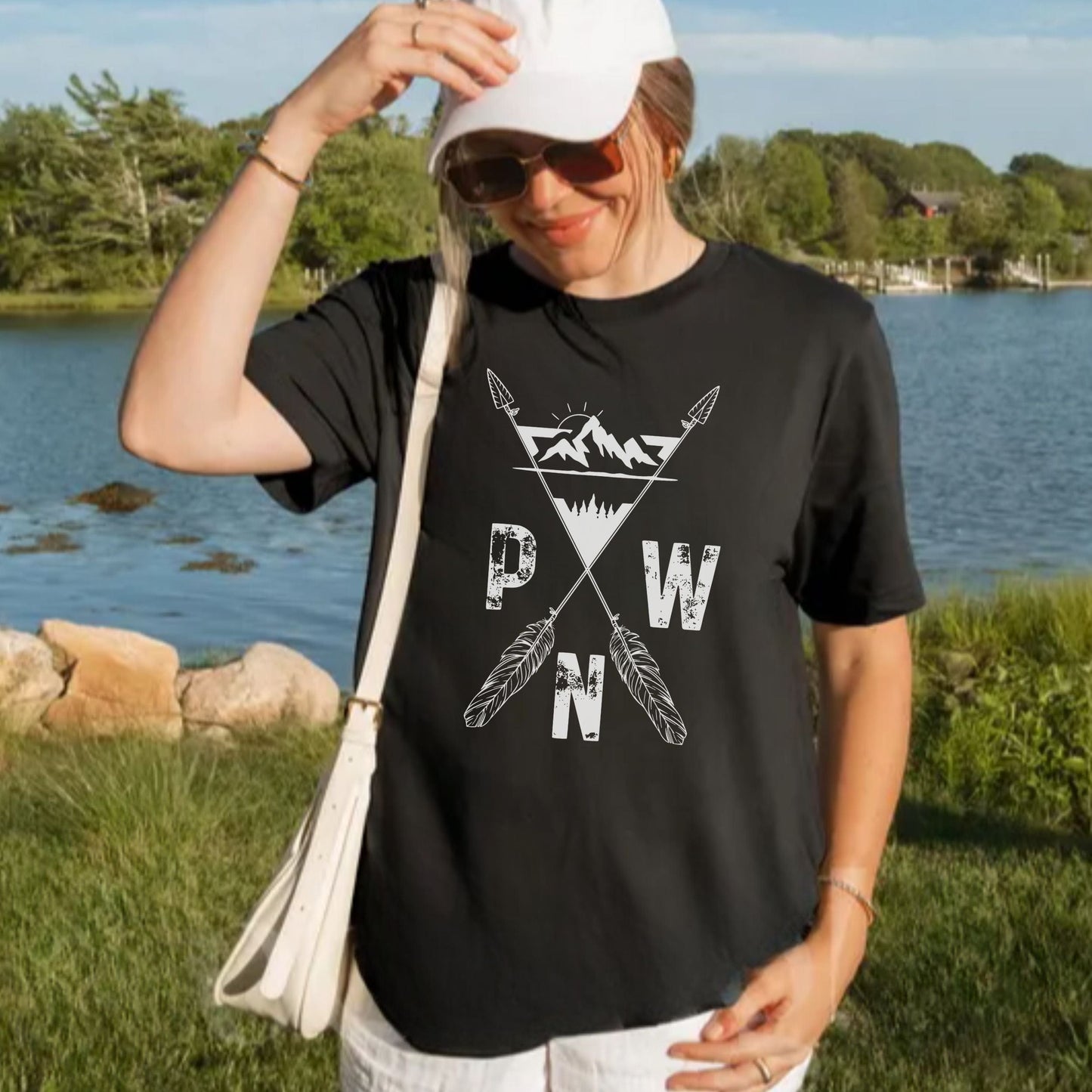 PNW Arrows and Mountains Hiking Softstyle Tee in White Letters