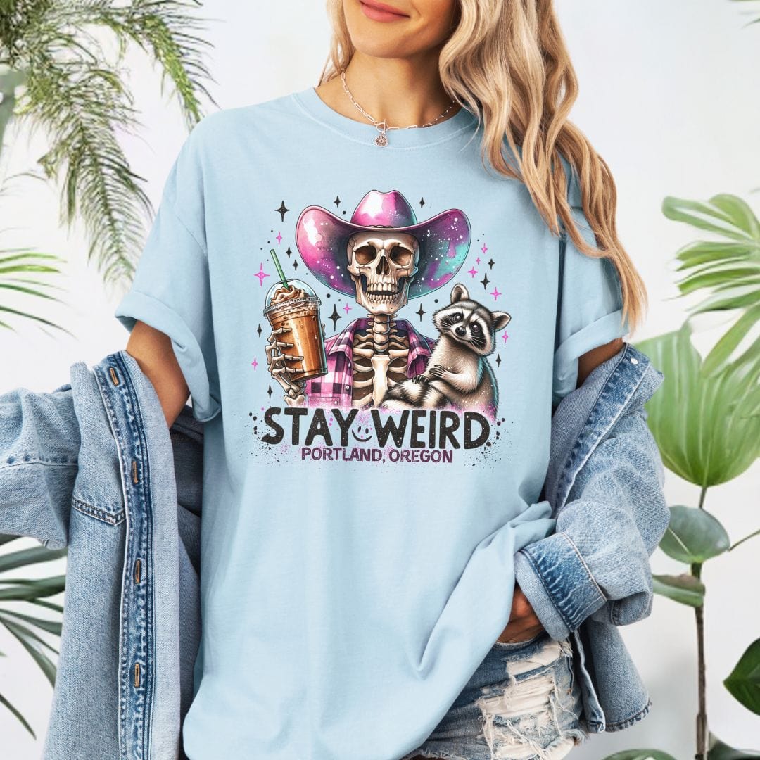 Stay Weird Portland, Oregon, Skeleton Cowgirl, Vintage Style Tee