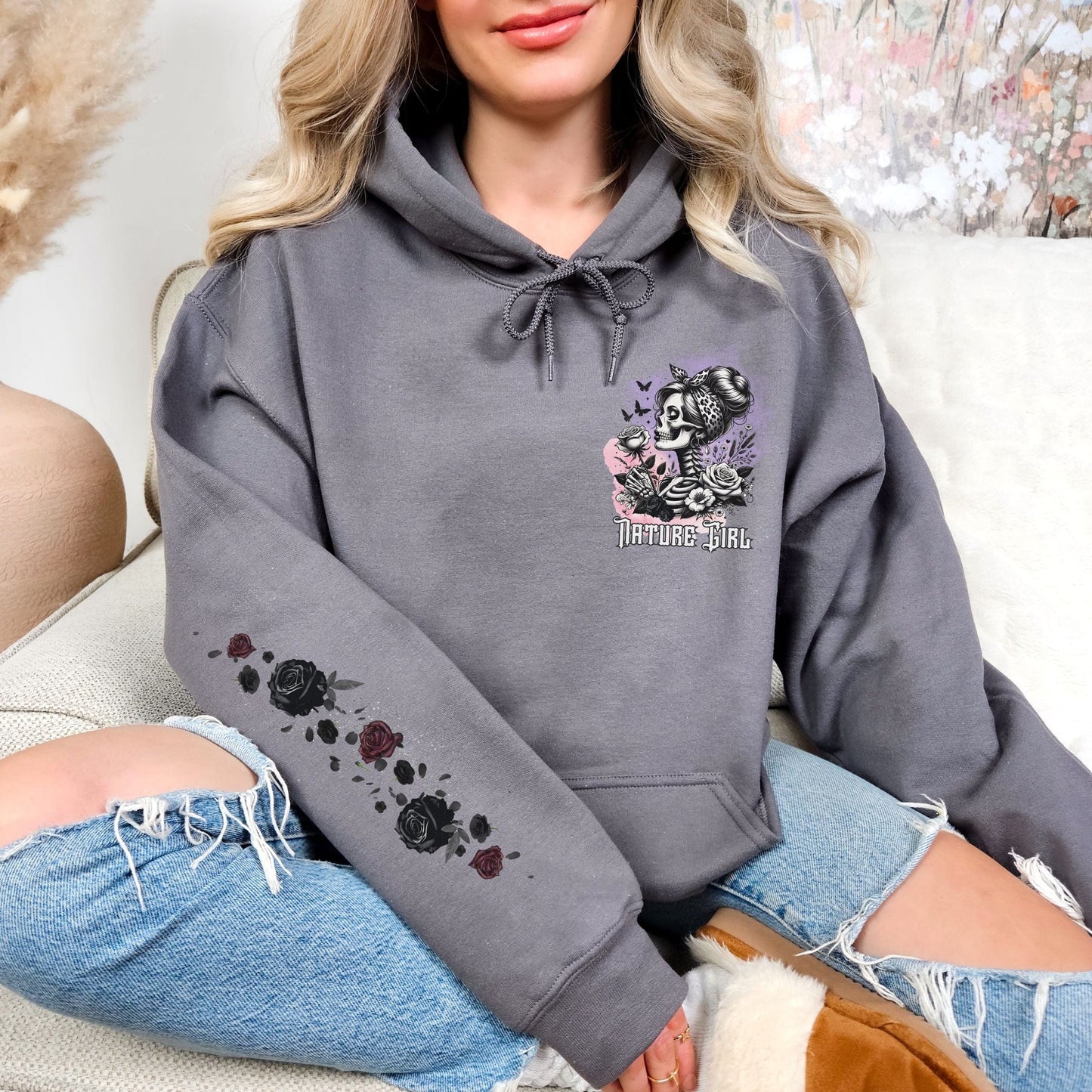 Skeleton Nature Girl with Sleeve Design, Softstyle Hoodie